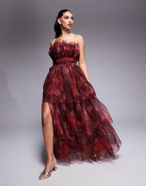 Lace & Beads bandeau tulle maxi dress in red rose floral