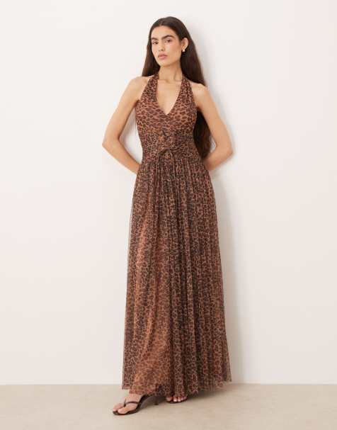 Lace & Beads - Daphne - Vestito lungo stile corsetto allacciato al collo in tulle con stampa leopardata - view 1