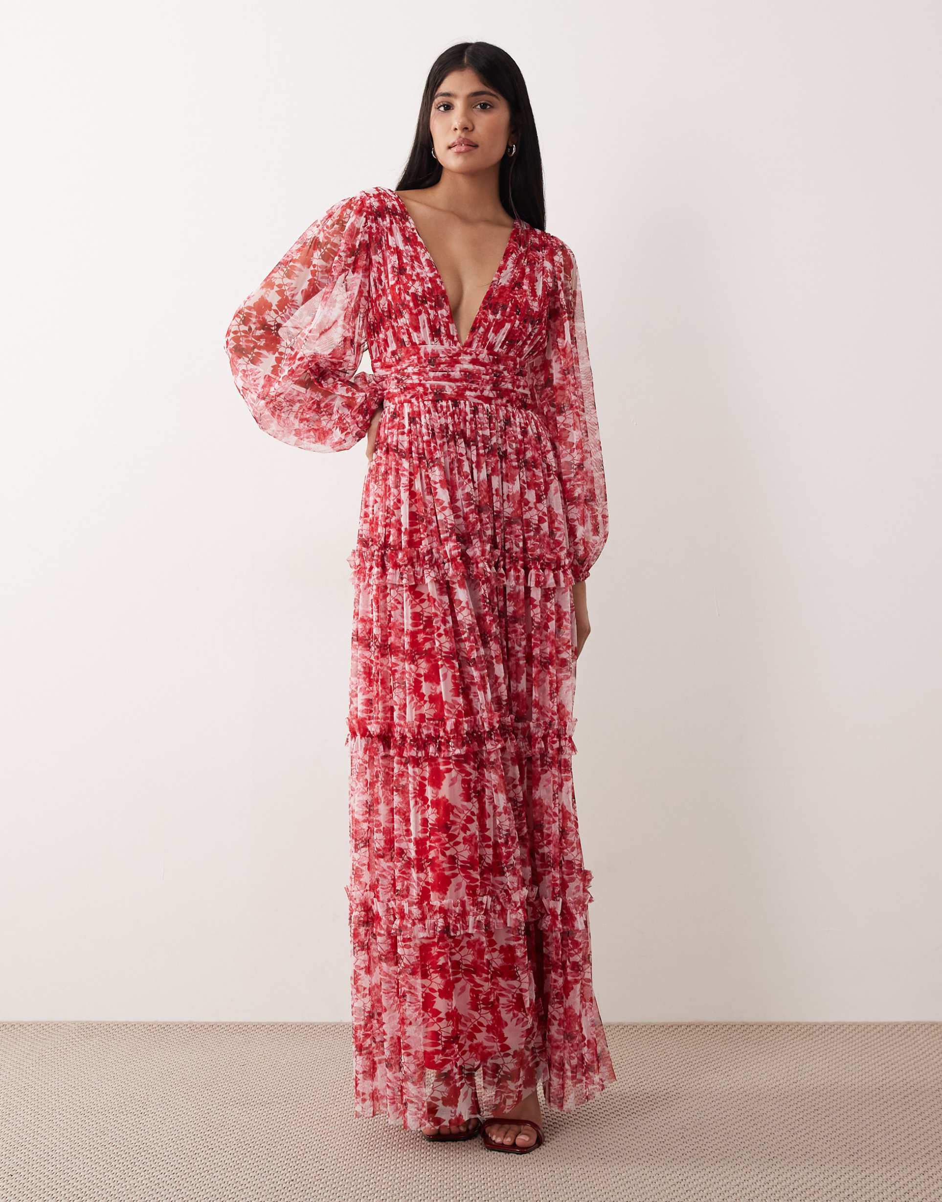 lace & beads deep v neck sheer bell sleeve maxi dress in pink and red floral