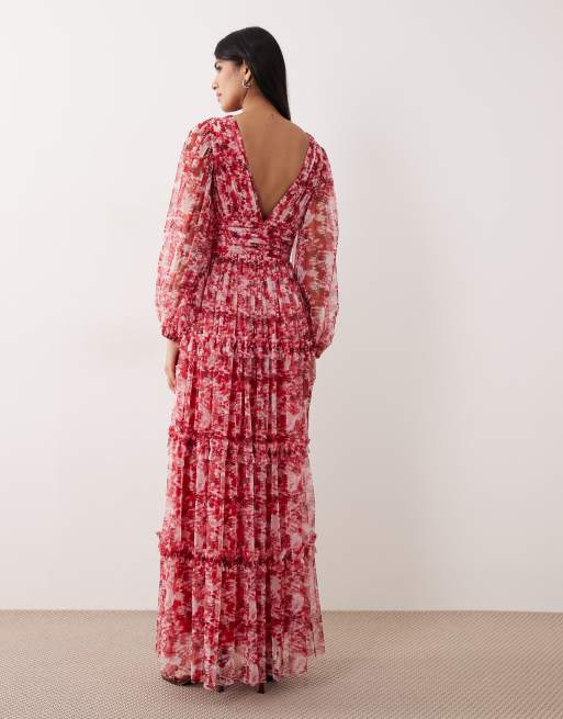 Lace & Beads deep v neck sheer bell sleeve maxi dress in pink and red floral, 2 of 4
