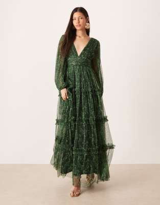 Lace & Beads deep v-neck sheer bell sleeves maxi dress in green floral