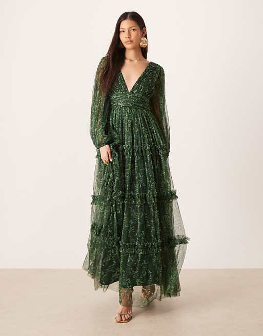 lace maxi dress green - Off-the-Shoulder Dress - Lace Maxi Dress Hidden back zipper/clasp Womens Monsoon Green Monica Lace