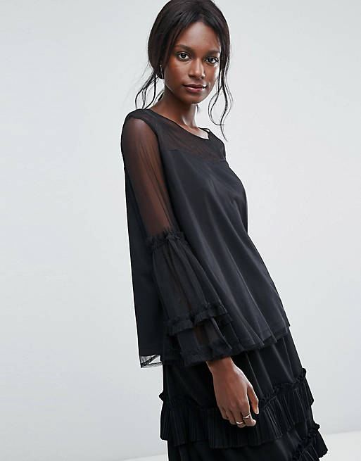 Lace & Beads Dobbie Mesh Sheer Top with Exaggerated Sleeve