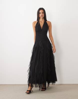 Lace & Beads Dobby Halter Neck Ruffle Skirt Maxi Dress In Black
