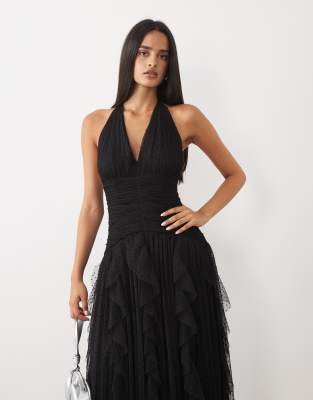 lace panel dobby mesh halter dress & Beads neck ruffle skirt maxi in black Fall 2019