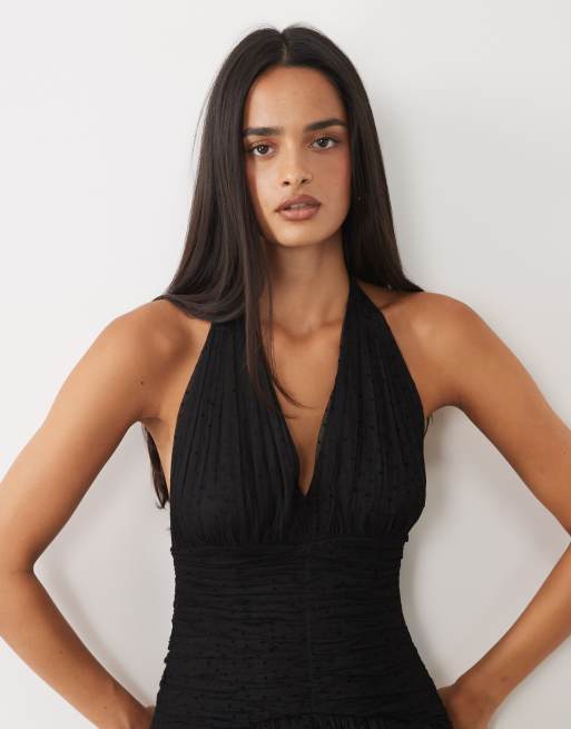 Lace & Beads dobby halter neck ruffle skirt maxi dress in black, 4 of 4