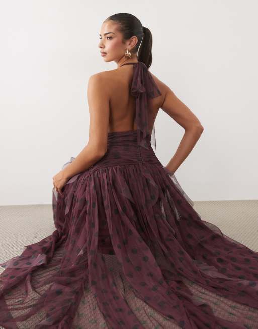 Lace & Beads dobby halter neck ruffle skirt maxi dress in burgundy polka dot, 2 of 4