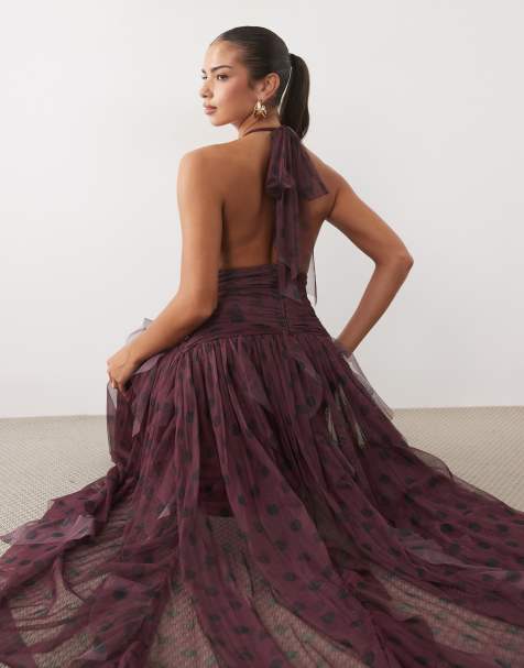 Lace & Beads dobby halter neck ruffle skirt maxi dress in purple polka dot - view 1