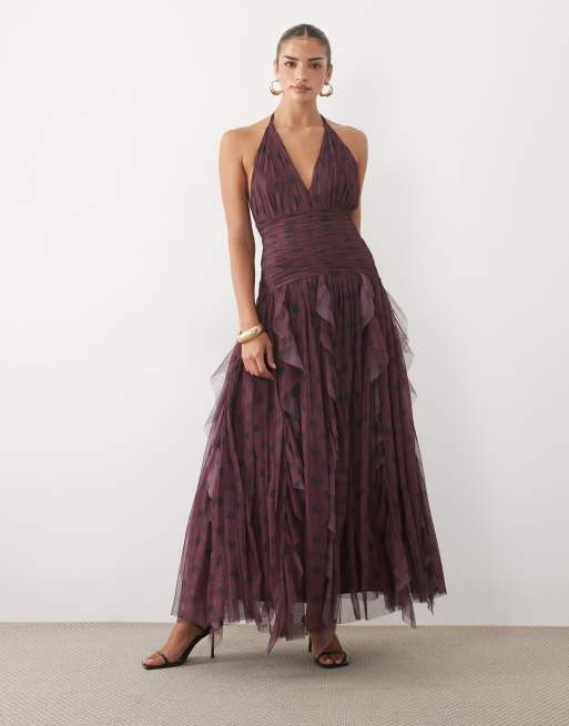 Lace & Beads dobby halter neck ruffle skirt maxi dress in purple polka dot, 2 of 4