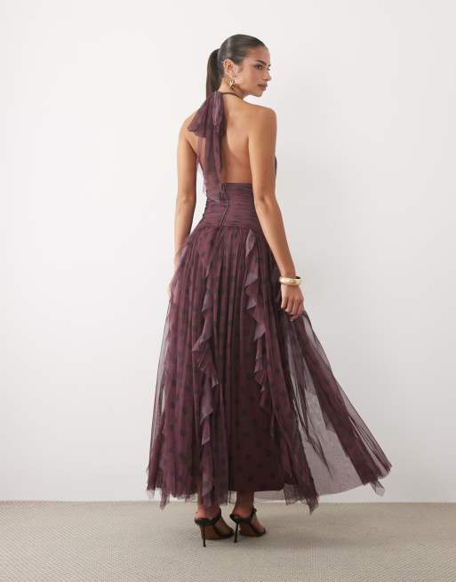 Lace & Beads dobby halter neck ruffle skirt maxi dress in purple polka dot, 4 of 4