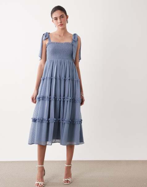 Lace & Beads dobby mesh  bow shoulder shirred ruffle midi dress in blue - view 1