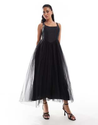 drop hem corset maxi dress in black