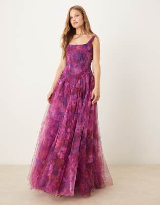 Lace & Beads drop hem corset maxi dress in rose berry rose floral print-Red