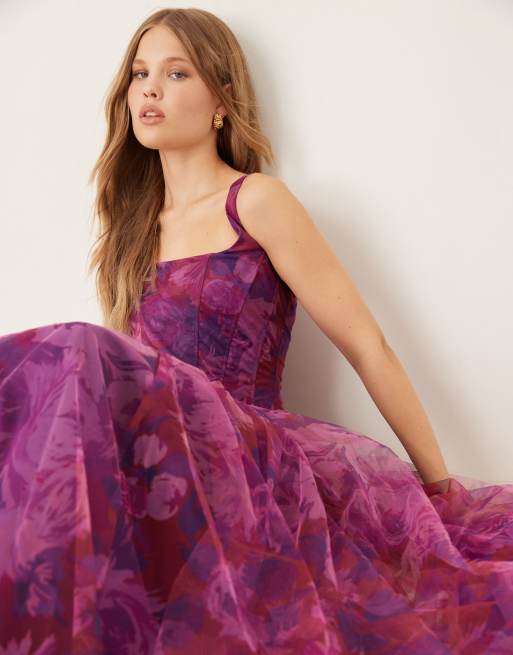 Lace & Beads drop hem corset maxi dress in rose berry rose floral print, 2 of 4