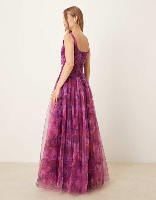 Lace & Beads drop hem corset maxi dress in rose berry rose floral print, 3 of 4