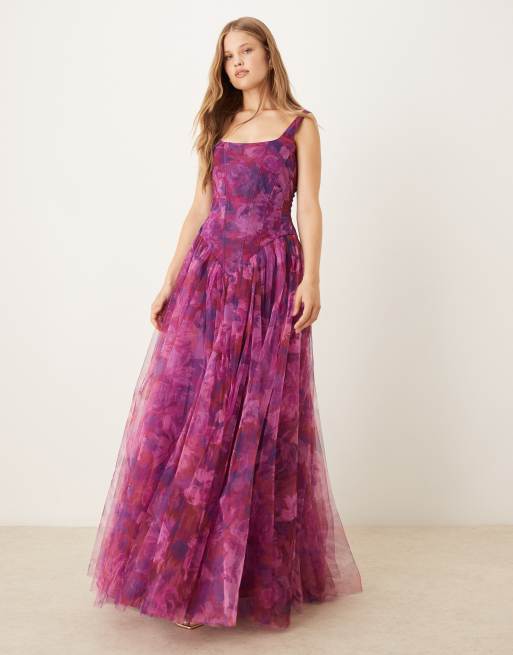 Lace & Beads drop hem corset maxi gown in berry rose floral print