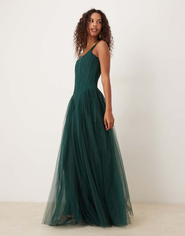 Lace & Beads drop hem corset maxi gown in dark green