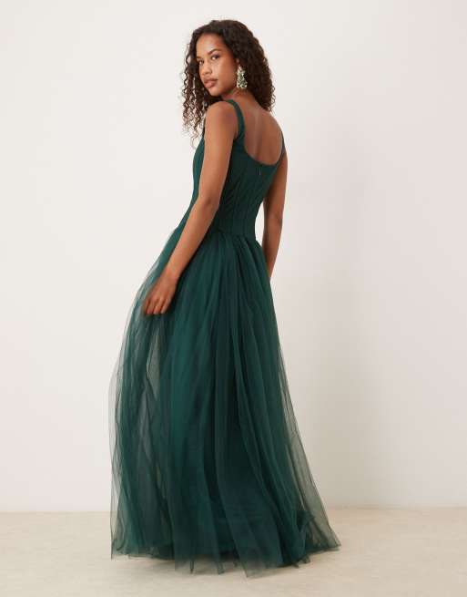 Lace & Beads drop hem corset maxi gown in dark green 