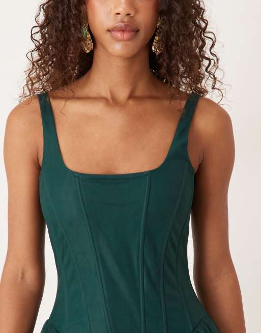 Lace & Beads drop hem corset maxi gown in dark green 