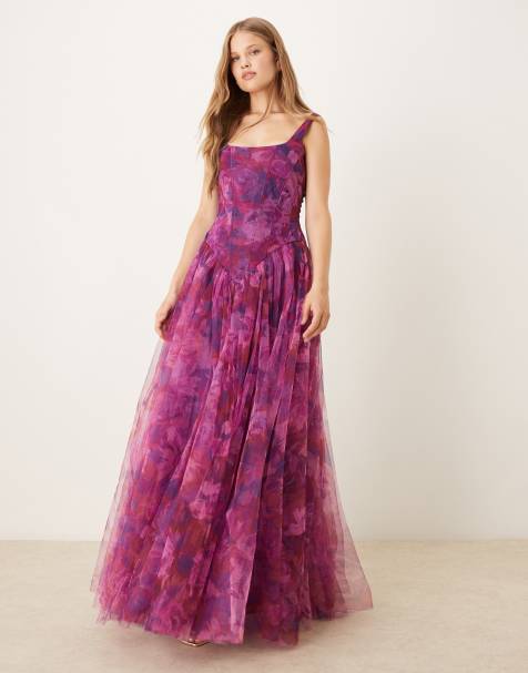 Lace & Beads drop hem corset maxi gown in rose berry rose floral print - view 1