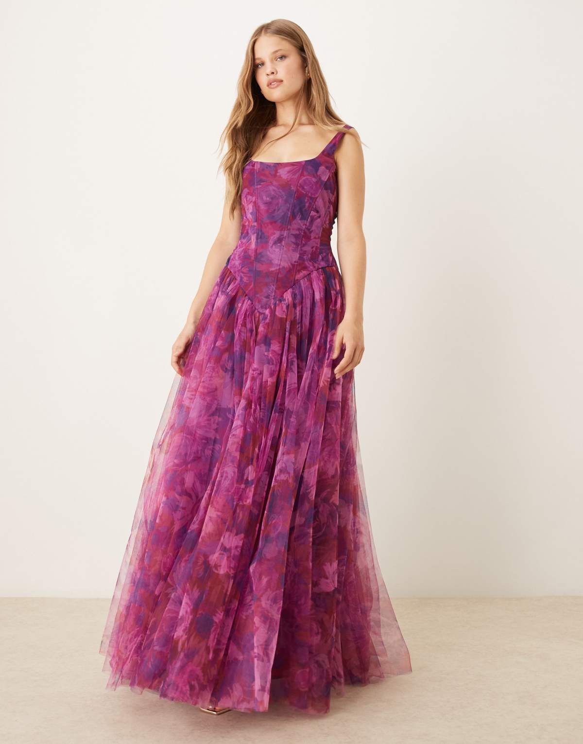 Lace & Beads drop hem corset maxi gown in rose berry rose floral print