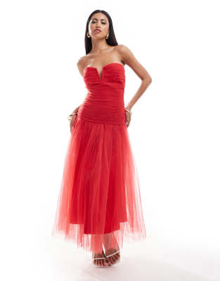 Lace & Beads Lace & Beads drop hem tulle maxi dress in red