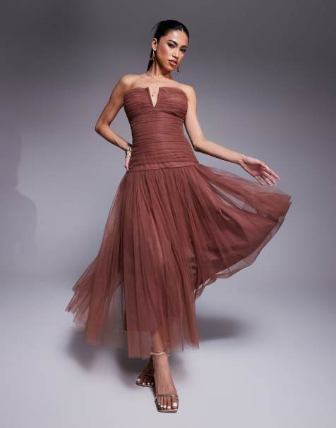 Lace & Beads drop hem tulle maxi dress in rose brown