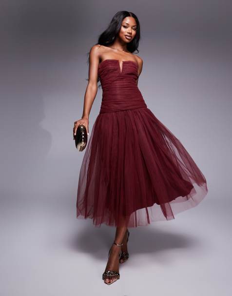 Lace & Beads drop hem tulle midaxi dress in burgundy