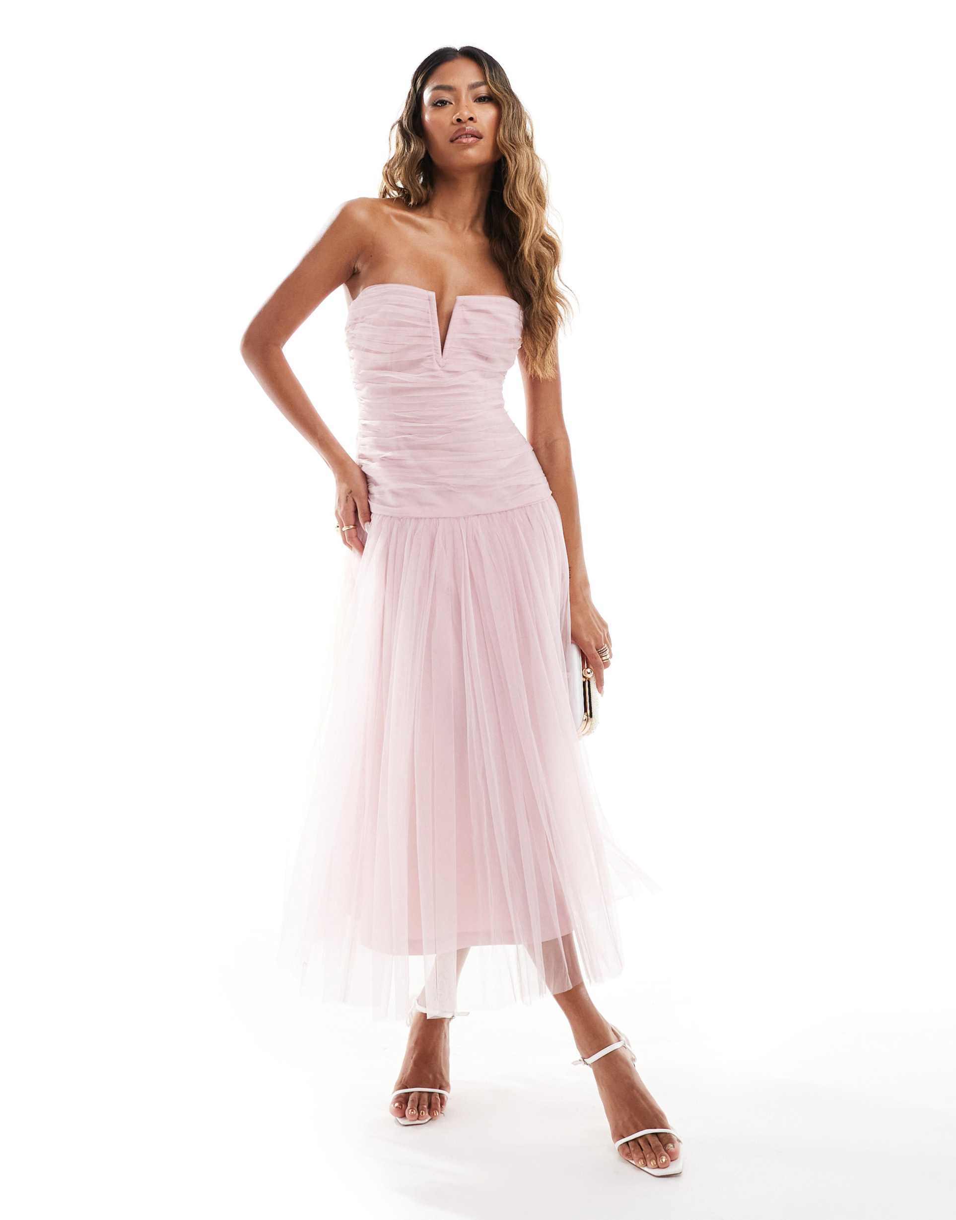 lace & beads drop hem tulle midaxi dress in powder pink