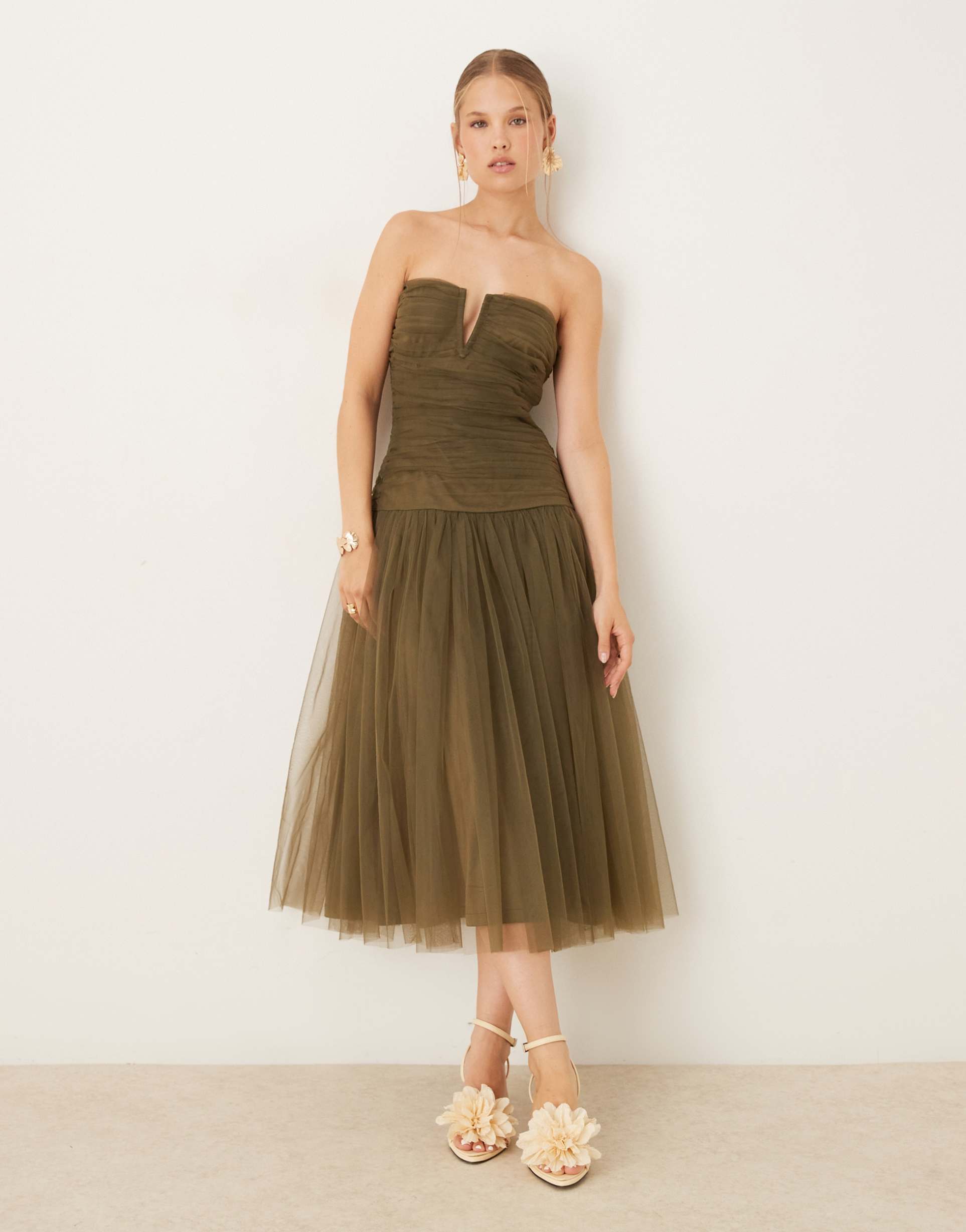 lace & beads drop hem tulle midaxi dress in deep olive