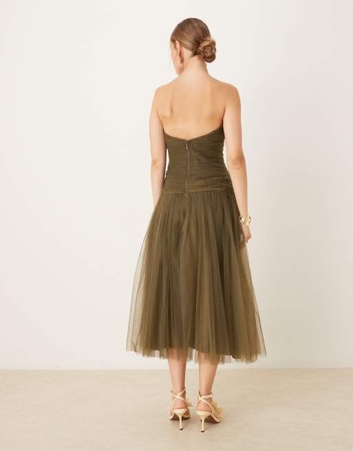 Lace & Beads drop hem tulle midaxi dress in deep olive
