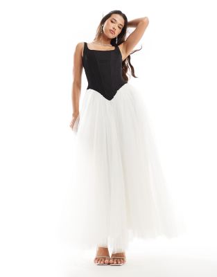 drop waist corset detail maxi dress in black and white-pink