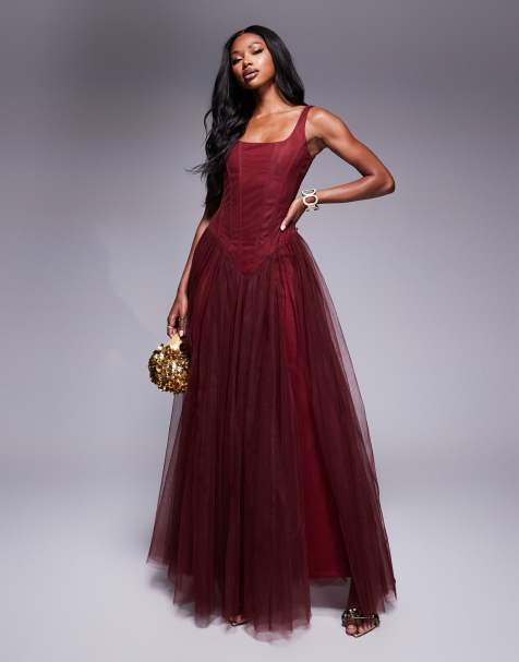 Lace & Beads drop waist corset detail maxi dress in burgundy