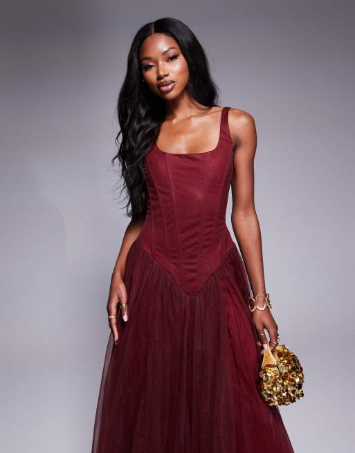 Lace & Beads drop waist corset detail maxi dress in burgundy