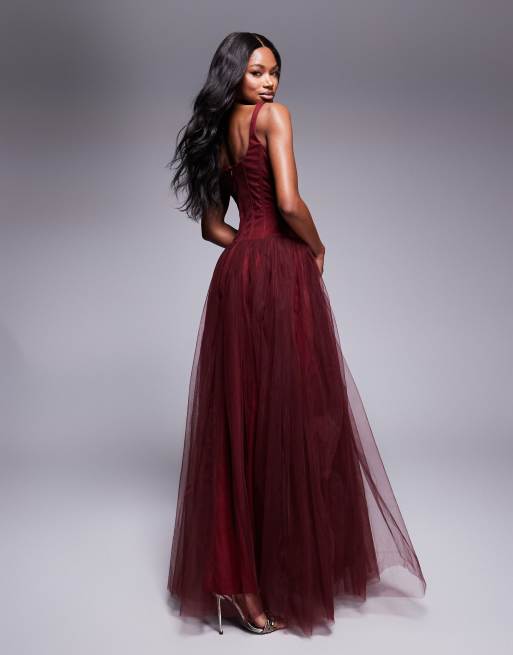 Lace Beads drop waist corset detail maxi dress in burgundy ASOS
