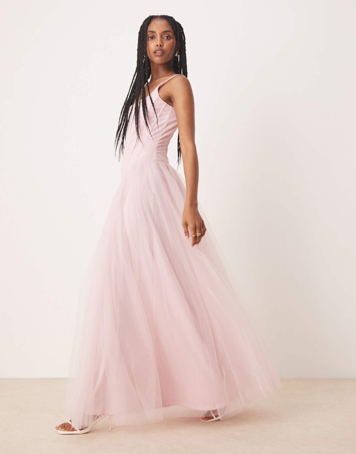 Lace & Beads drop waist corset detail maxi dress in powder pink