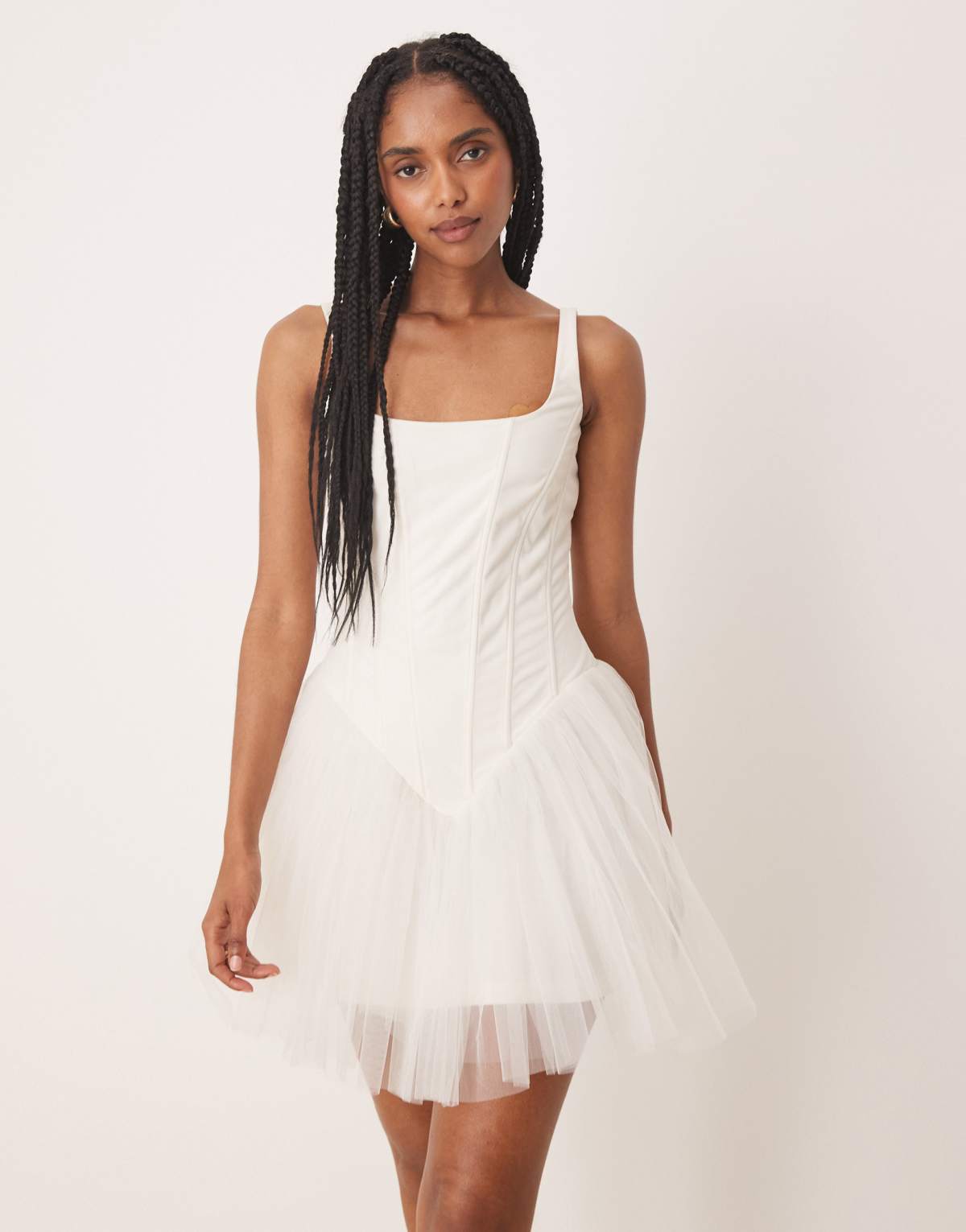 Lace & Beads drop waist corset detail mini dress in butter cream