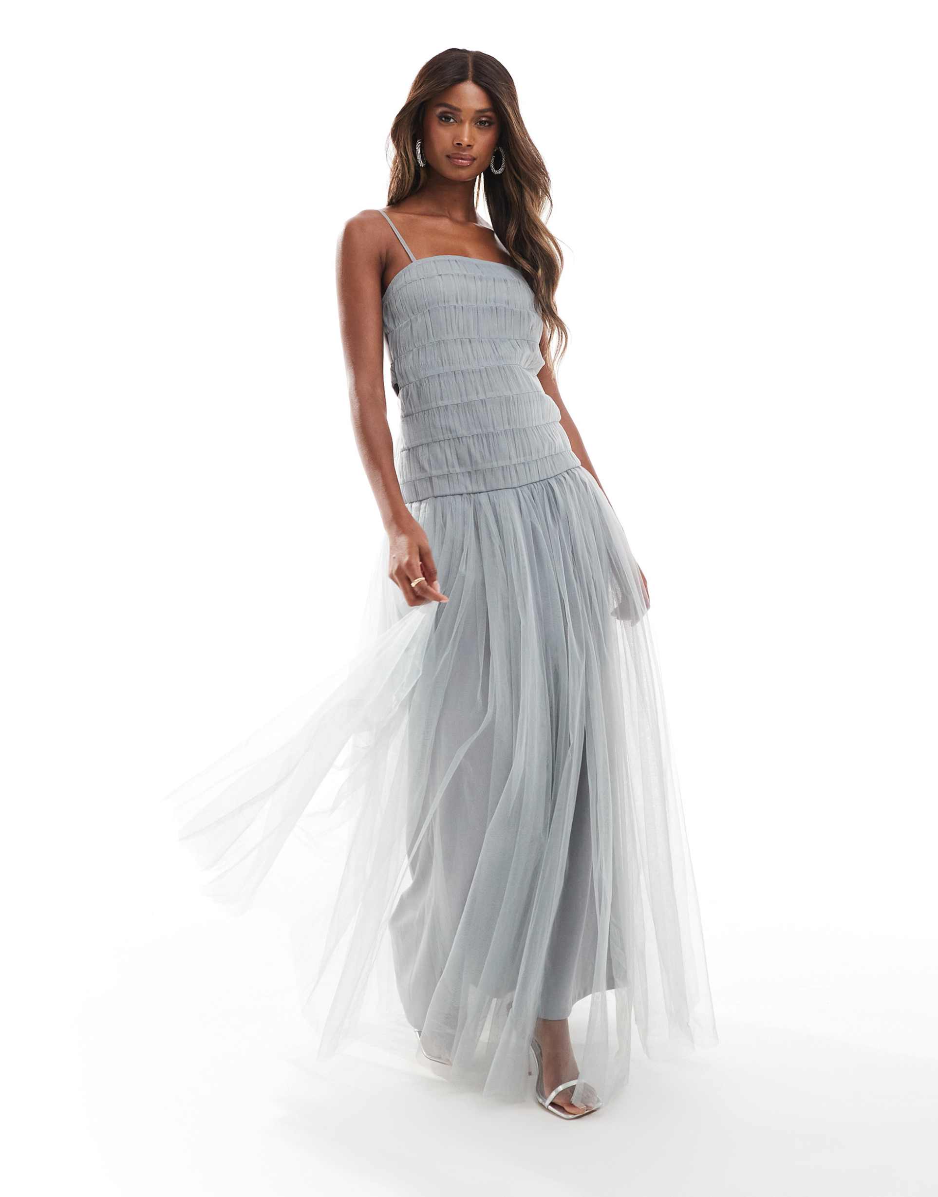 lace & beads drop waist tulle maxi dress in gray