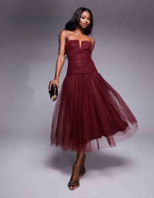 dropped hem tulle midaxi dress in burgundy-Red