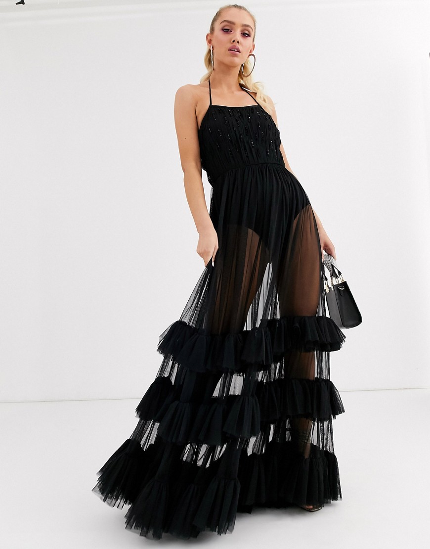 Lace & Beads embellished bodice tiered tulle maxi dress in black