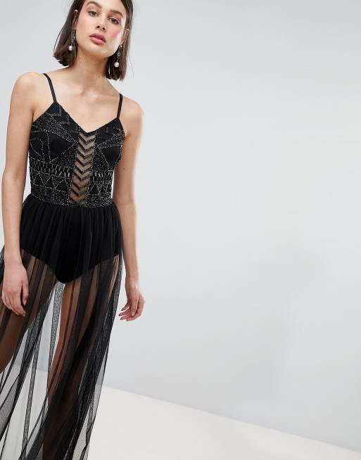 Lace Beads Embellished Bodysuit With Sheer Skirt, 50% OFF