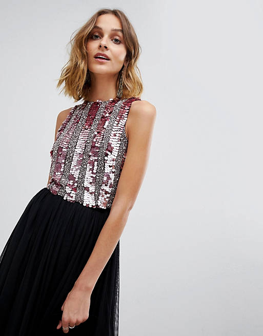 Lace & Beads embellished crop top in multi berry sequin | ASOS