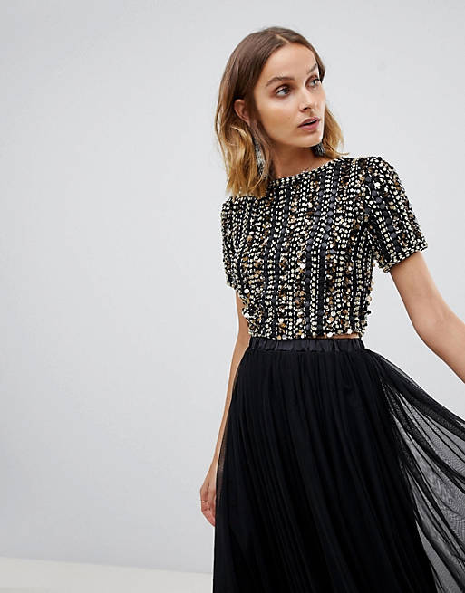 Lace & Beads embellished crop top in multi black sequin