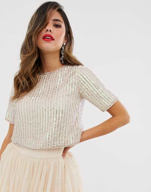 Lace Beads embellished crop top with cap sleeve in pink