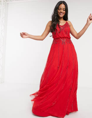 Lace & Beads embellished maxi dress in red