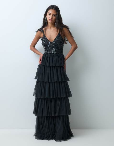 Lace & Beads embellished plunge neck cami flutter sleeve tiered skirt maxi dress in black - view 1