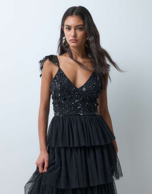 Lace & Beads embellished plunge neck cami flutter sleeve tiered skirt maxi dress in black, 2 of 5