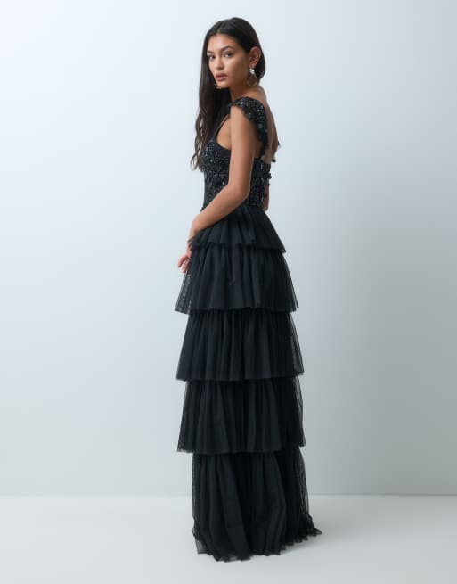 Lace & Beads embellished plunge neck cami flutter sleeve tiered skirt maxi dress in black, 3 of 5