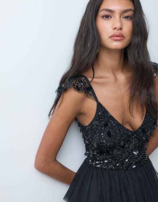 Lace & Beads embellished plunge neck cami flutter sleeve tiered skirt maxi dress in black, 4 of 5