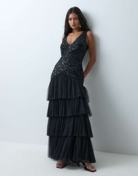 Lace & Beads embellished plunge neck drop waist tiered skirt maxi dress in black - view 1